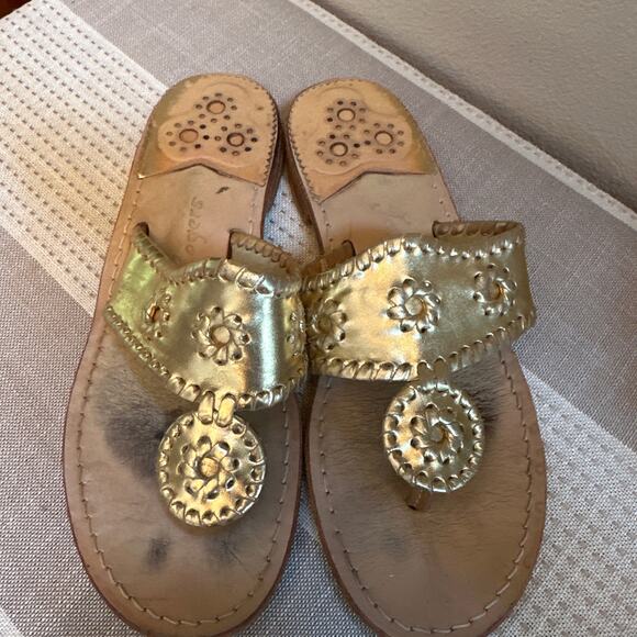 Jack Rogers Whipstitch Thong Sandals Gold Leather Slip-On Open Toe Size 7 - Picture 2 of 6